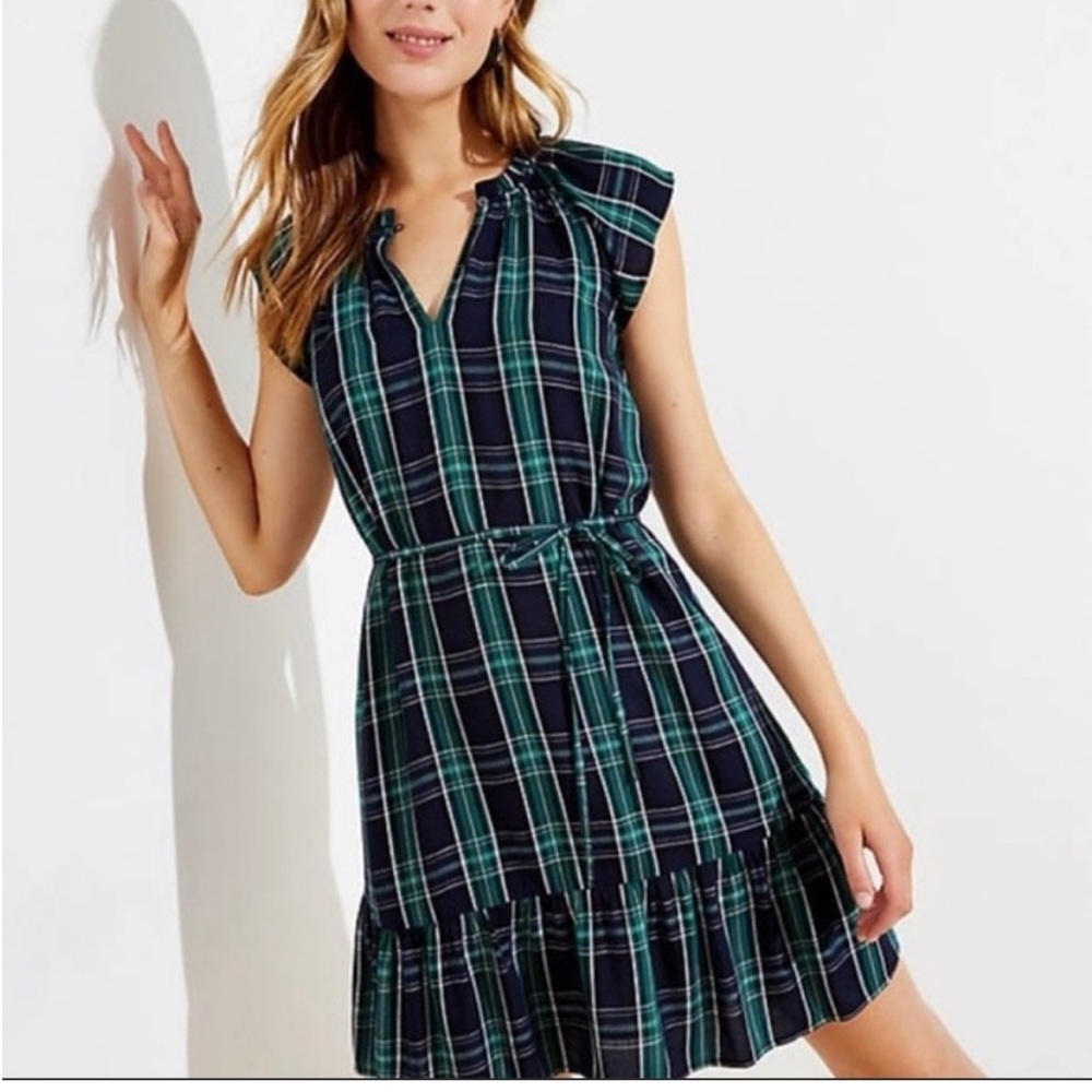 Loft plaid tie waist ruffle hem dress